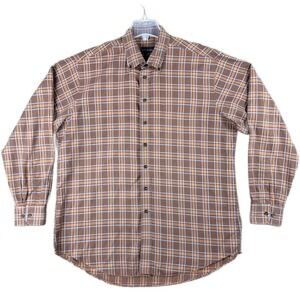Scott Barber Men XL Plaid Cotton Shirt Orange Brown Blue Long Sleeve Button Down